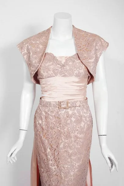 1952 Pierre Balmain Couture Pale-Pink Silk Lace Strapless Trained Gown Ensemble