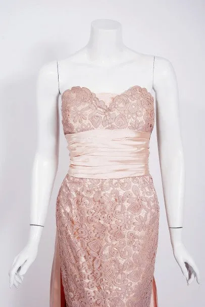 1952 Pierre Balmain Couture Pale-Pink Silk Lace Strapless Trained Gown Ensemble