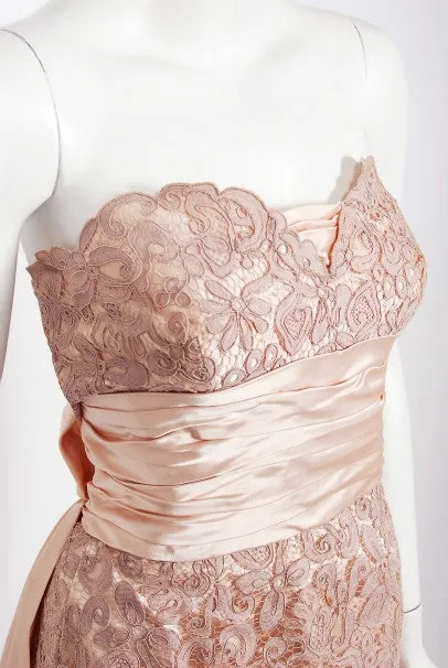 1952 Pierre Balmain Couture Pale-Pink Silk Lace Strapless Trained Gown Ensemble