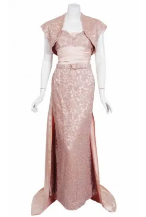 1952 Pierre Balmain Couture Pale-Pink Silk Lace Strapless Trained Gown Ensemble