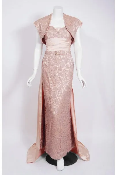 1952 Pierre Balmain Couture Pale-Pink Silk Lace Strapless Trained Gown Ensemble