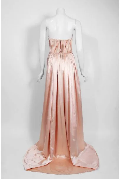 1952 Pierre Balmain Couture Pale-Pink Silk Lace Strapless Trained Gown Ensemble