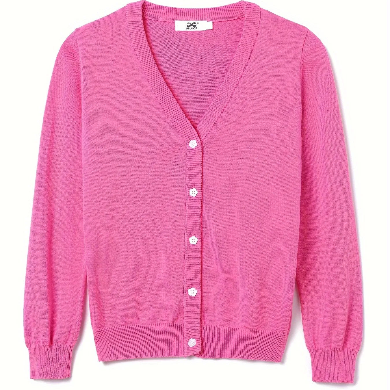 Adorable Preppy Girl's V-Neck Knit Cardigan Sweater - Soft Lightweight Cotton, Flower Buttons, Long Sleeve, Uniform Style for 5-14 Years Old Girls - Perfect for School, Casual Wear, and Outdoor Activities