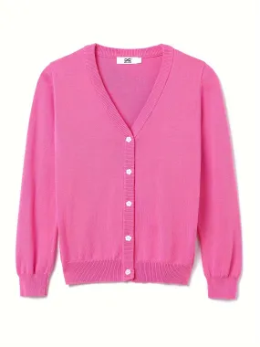 Adorable Preppy Girl's V-Neck Knit Cardigan Sweater - Soft Lightweight Cotton, Flower Buttons, Long Sleeve, Uniform Style for 5-14 Years Old Girls - Perfect for School, Casual Wear, and Outdoor Activities