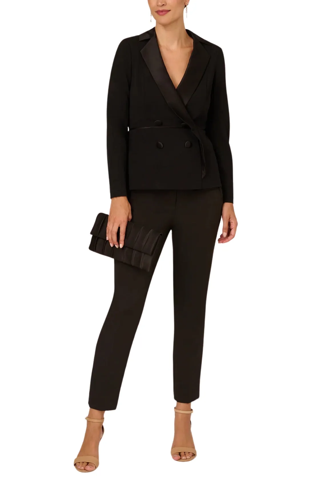 Adrianna Papell Charmeuse-Trim Crepe Tuxedo Top - Wholesale