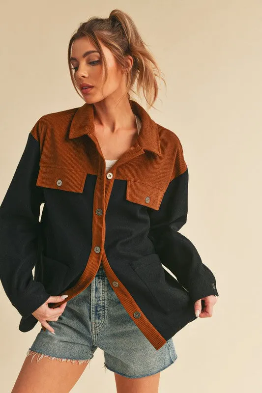 Aemi   Co Two-Tone Button-Up Jacket with Pockets – Chic & Practical Outerwear for All Seasons