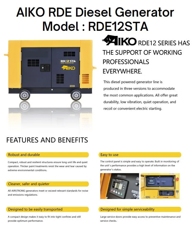 Aiko 10kva 415v 50hz 4-stroke Diesel Generator | Model : RDE12STAI3