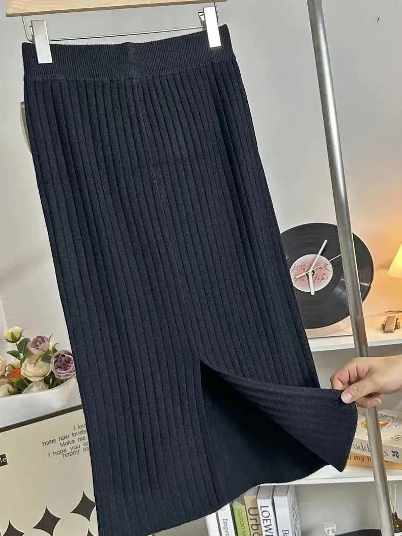 Amozae-Spring Autumn Knit Skirt Women's Mid-length Bodycon Waist Side Slit Slimming Wool Straight Long Skirt Unique Step-length