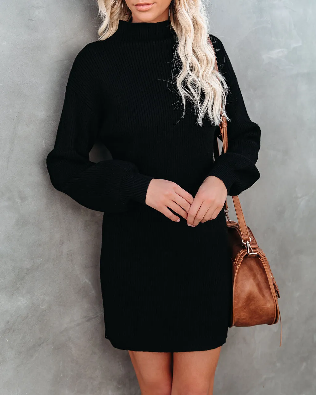 Anastasia Mock Neck Knit Sweater Dress - Black - FINAL SALE