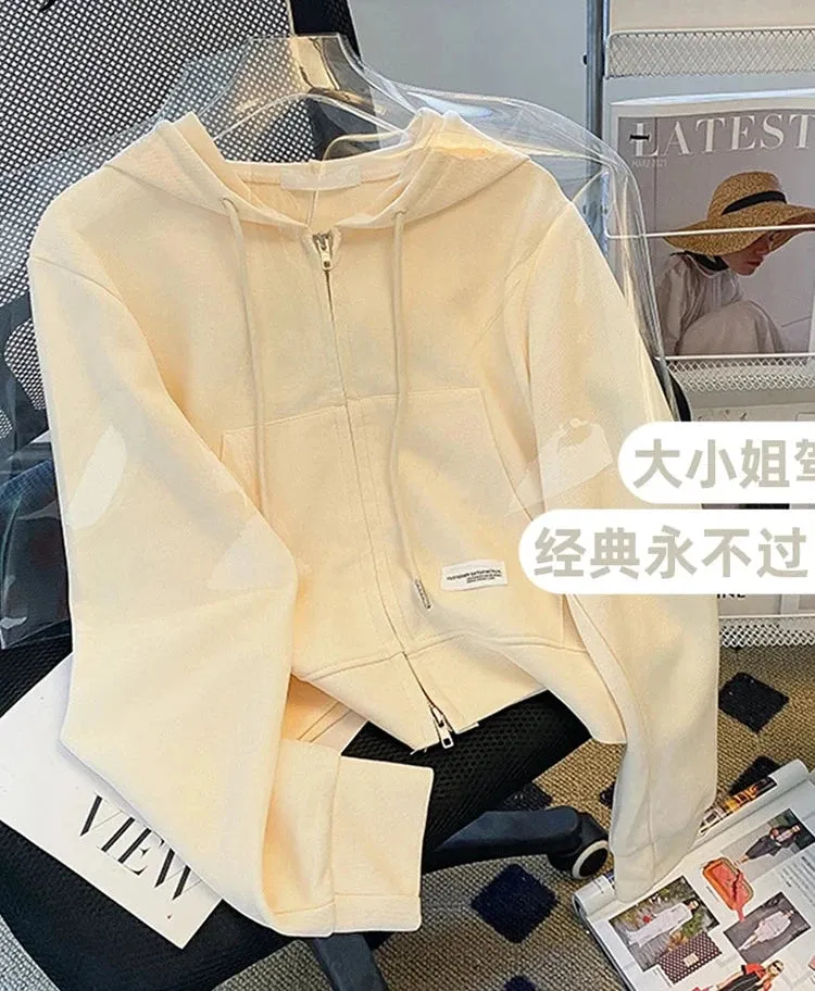 Autumn Grey High Waist Cropped Hoodies Zip-up Short Hooded Female Cardigan Korean Women's Sweatshirt Pink Small Coat M-XL