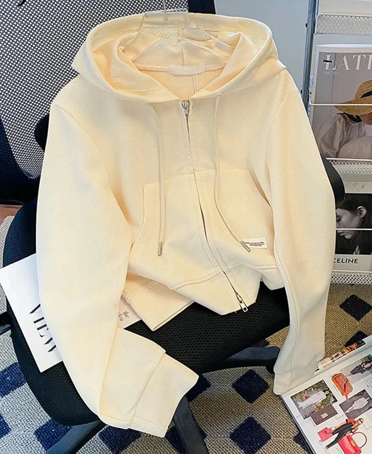 Autumn Grey High Waist Cropped Hoodies Zip-up Short Hooded Female Cardigan Korean Women's Sweatshirt Pink Small Coat M-XL