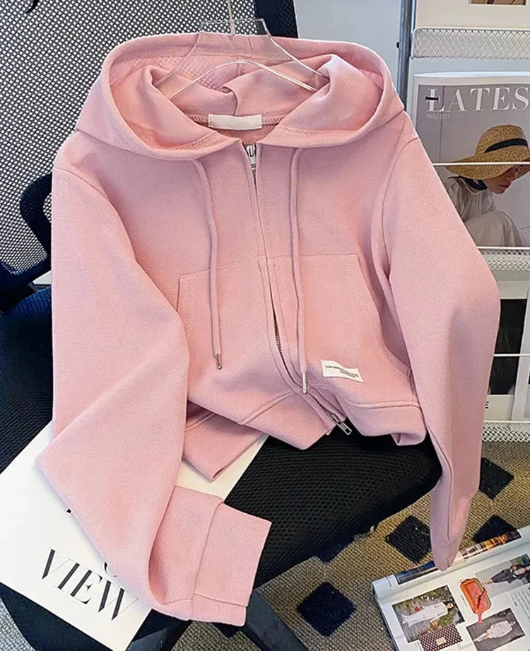 Autumn Grey High Waist Cropped Hoodies Zip-up Short Hooded Female Cardigan Korean Women's Sweatshirt Pink Small Coat M-XL