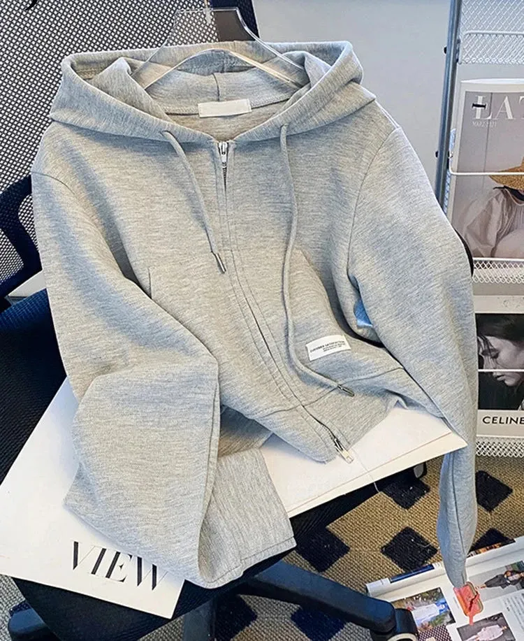 Autumn Grey High Waist Cropped Hoodies Zip-up Short Hooded Female Cardigan Korean Women's Sweatshirt Pink Small Coat M-XL