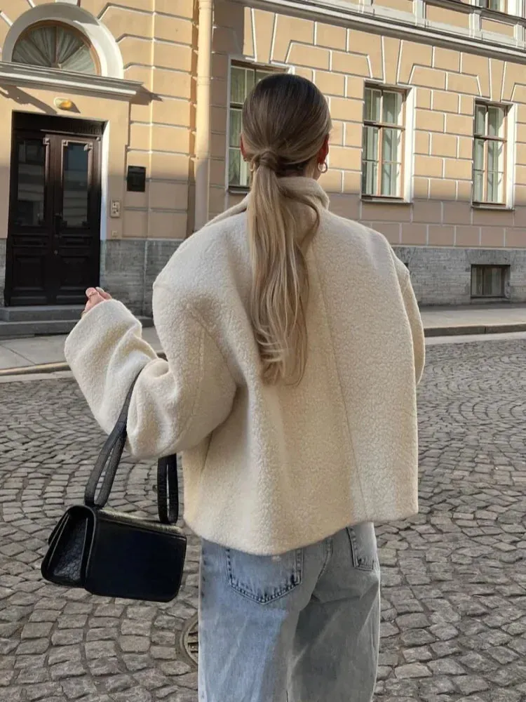 Back To School Joskaa Long Sleeve Zipper Lamb Wool Jacket For Women Chic Lapel Loose Solid Color Cropped Coat 2024 Female Autumn New Street Outerwear