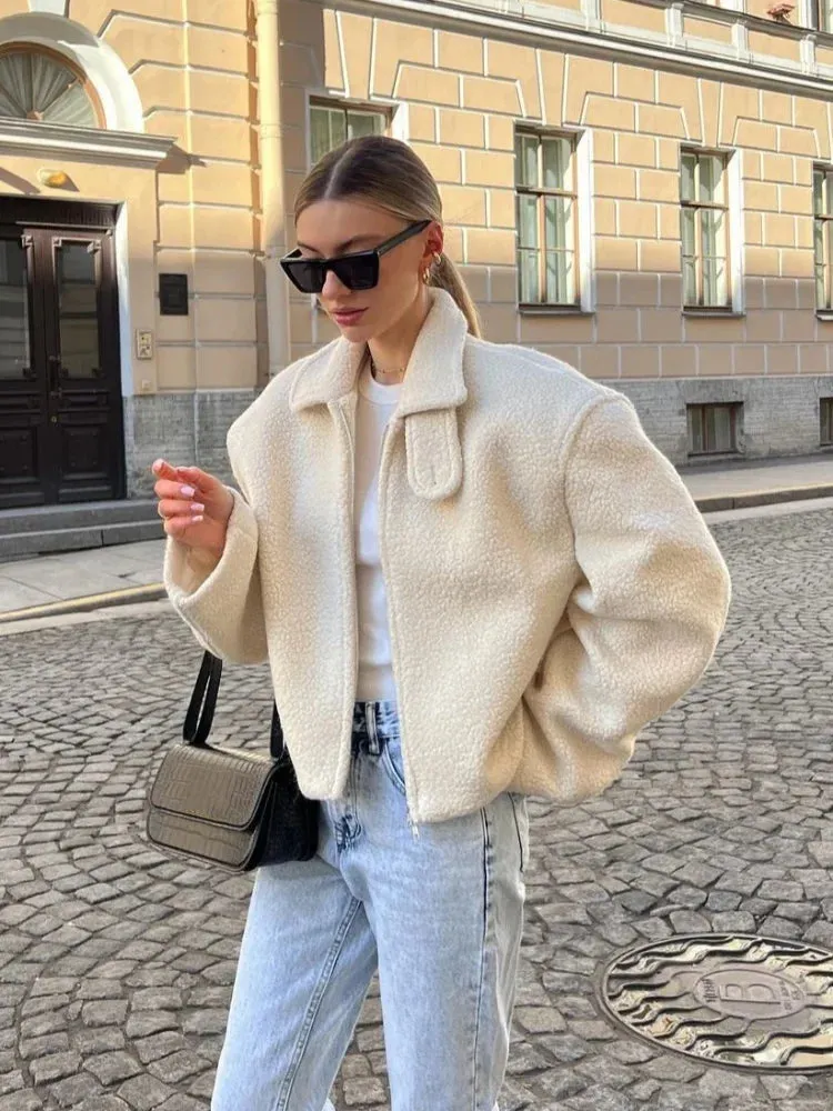 Back To School Joskaa Long Sleeve Zipper Lamb Wool Jacket For Women Chic Lapel Loose Solid Color Cropped Coat 2024 Female Autumn New Street Outerwear