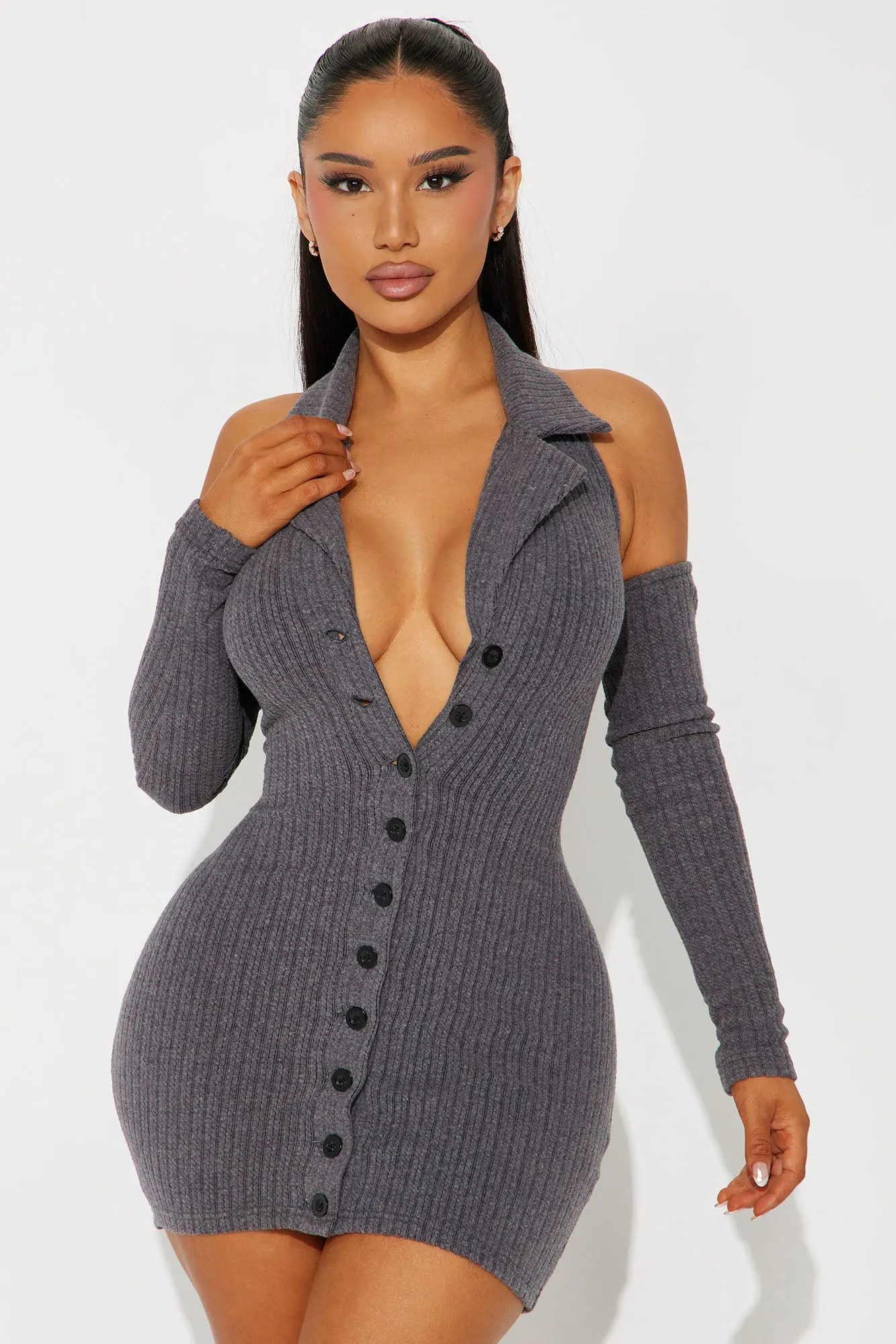 Bisou Bisou Sweater Micro Mini Dress Set - Charcoal