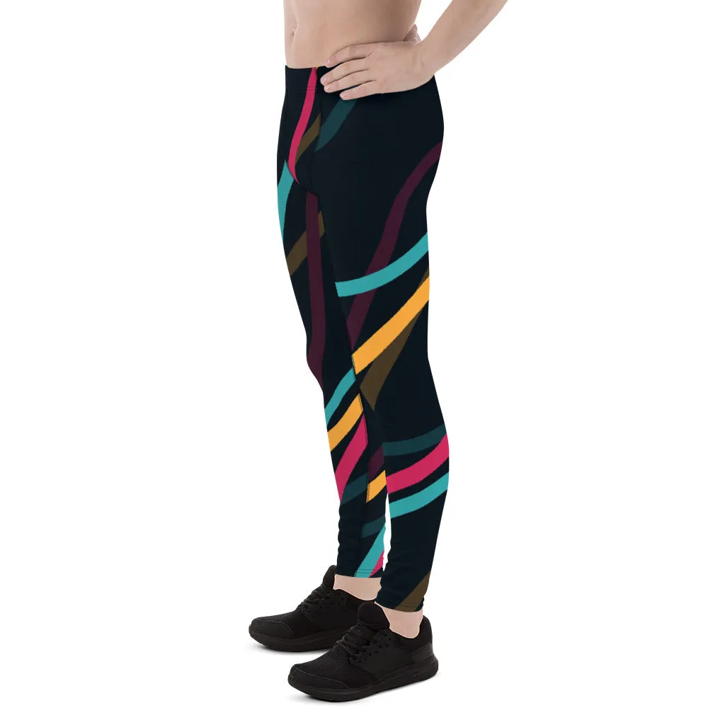 Black Abstract Printed Men's Leggings, Mixed Colorful Meggings Running Tights For Men-Made in USA/EU/MX