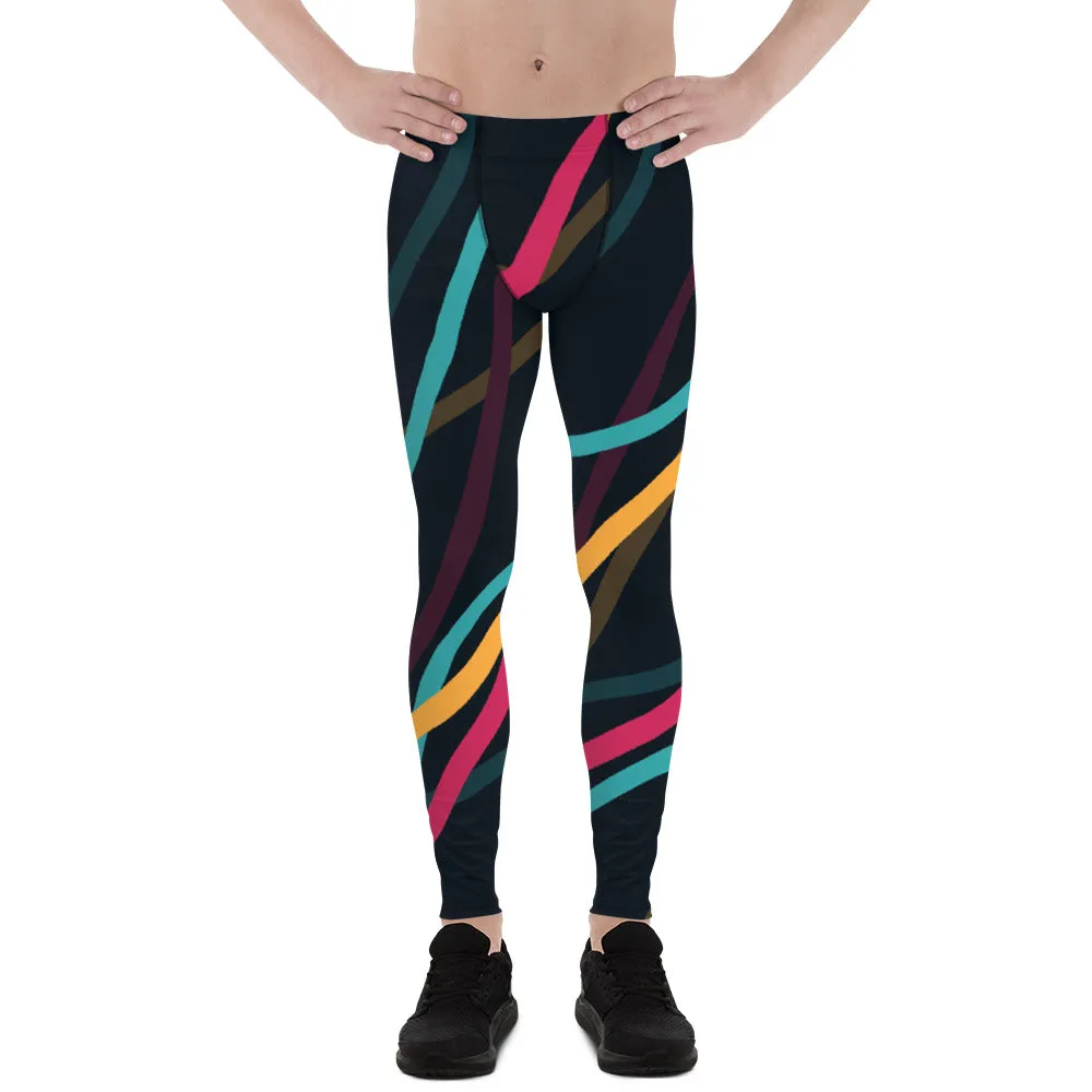 Black Abstract Printed Men's Leggings, Mixed Colorful Meggings Running Tights For Men-Made in USA/EU/MX