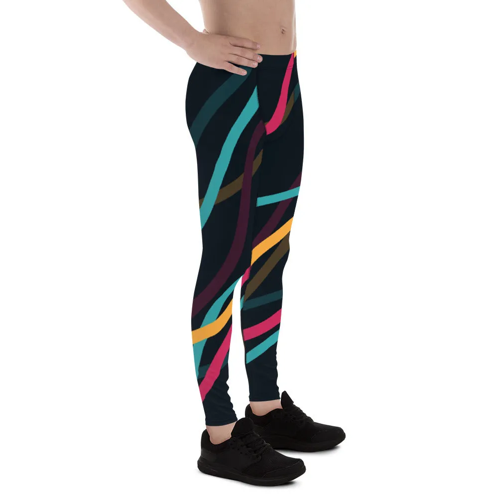 Black Abstract Printed Men's Leggings, Mixed Colorful Meggings Running Tights For Men-Made in USA/EU/MX