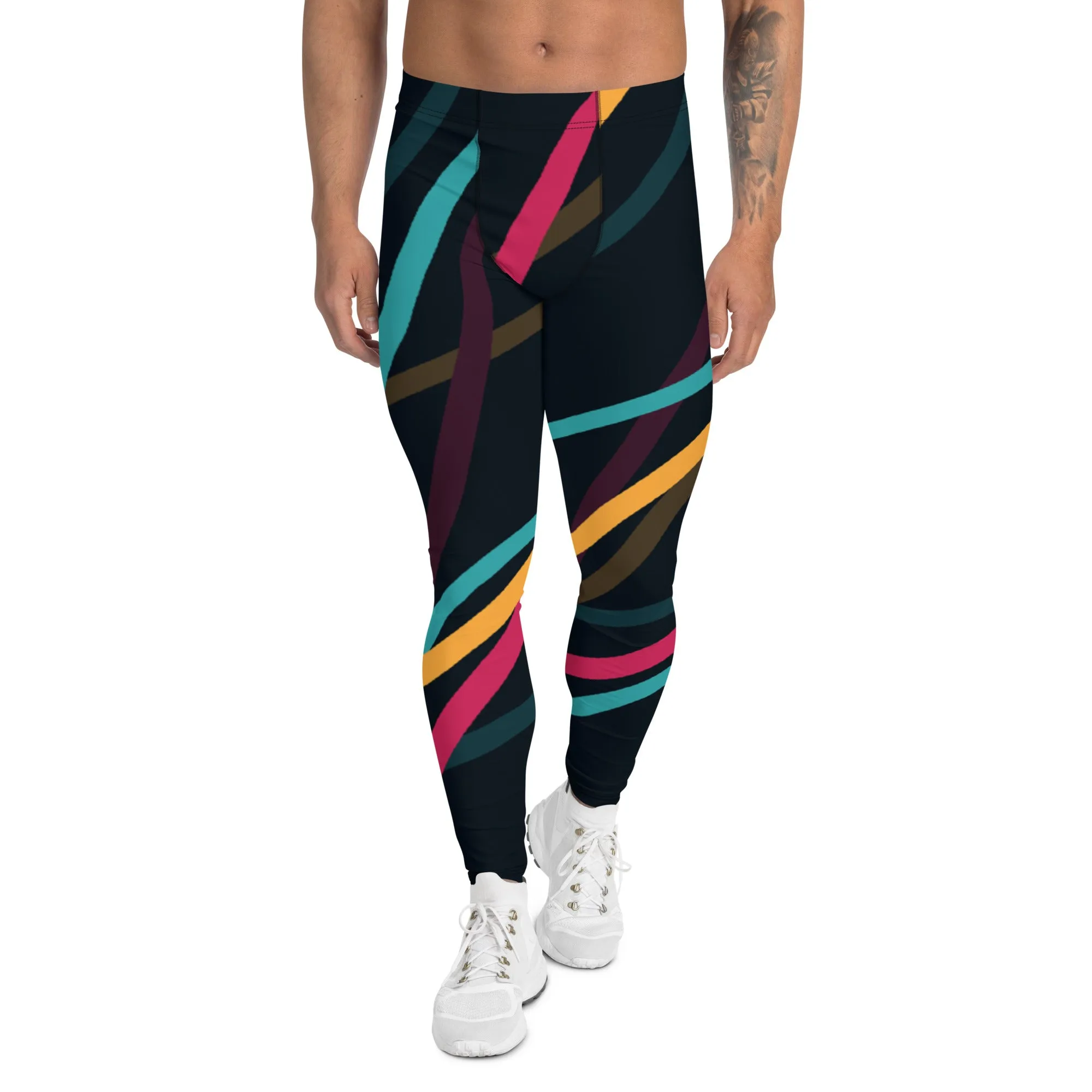 Black Abstract Printed Men's Leggings, Mixed Colorful Meggings Running Tights For Men-Made in USA/EU/MX