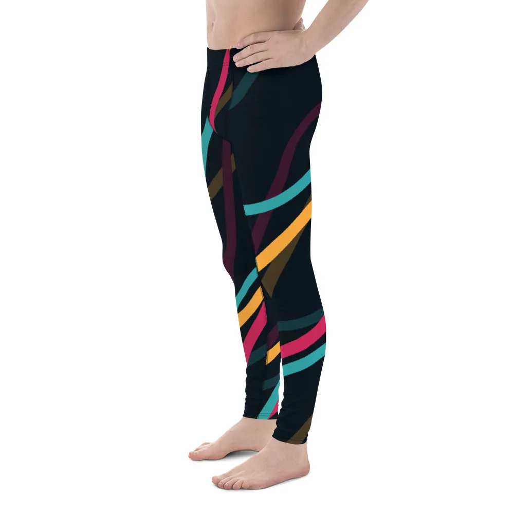 Black Abstract Printed Men's Leggings, Mixed Colorful Meggings Running Tights For Men-Made in USA/EU/MX