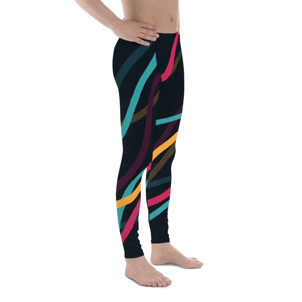 Black Abstract Printed Men's Leggings, Mixed Colorful Meggings Running Tights For Men-Made in USA/EU/MX