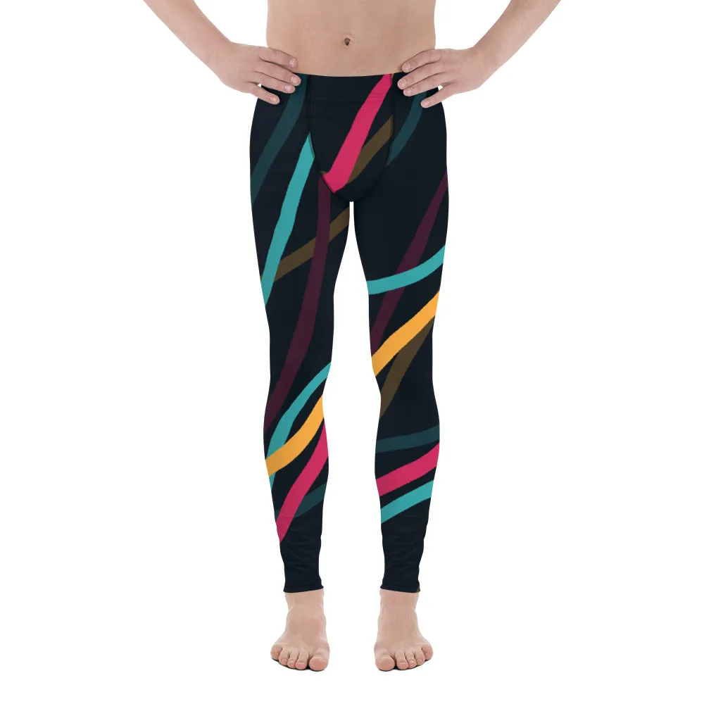 Black Abstract Printed Men's Leggings, Mixed Colorful Meggings Running Tights For Men-Made in USA/EU/MX