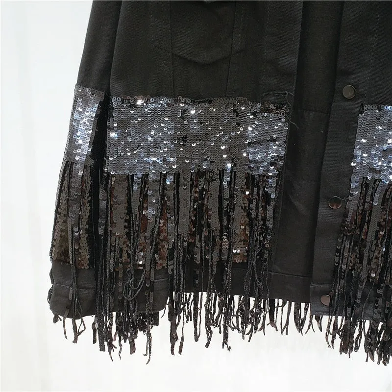 Black Casual Patchwork Jacket For Women Lapel Long Sleeve Sequin Tassel Jackets Female Fashion Clothes