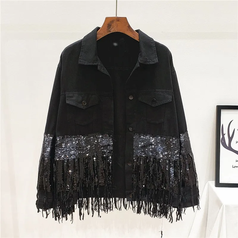 Black Casual Patchwork Jacket For Women Lapel Long Sleeve Sequin Tassel Jackets Female Fashion Clothes