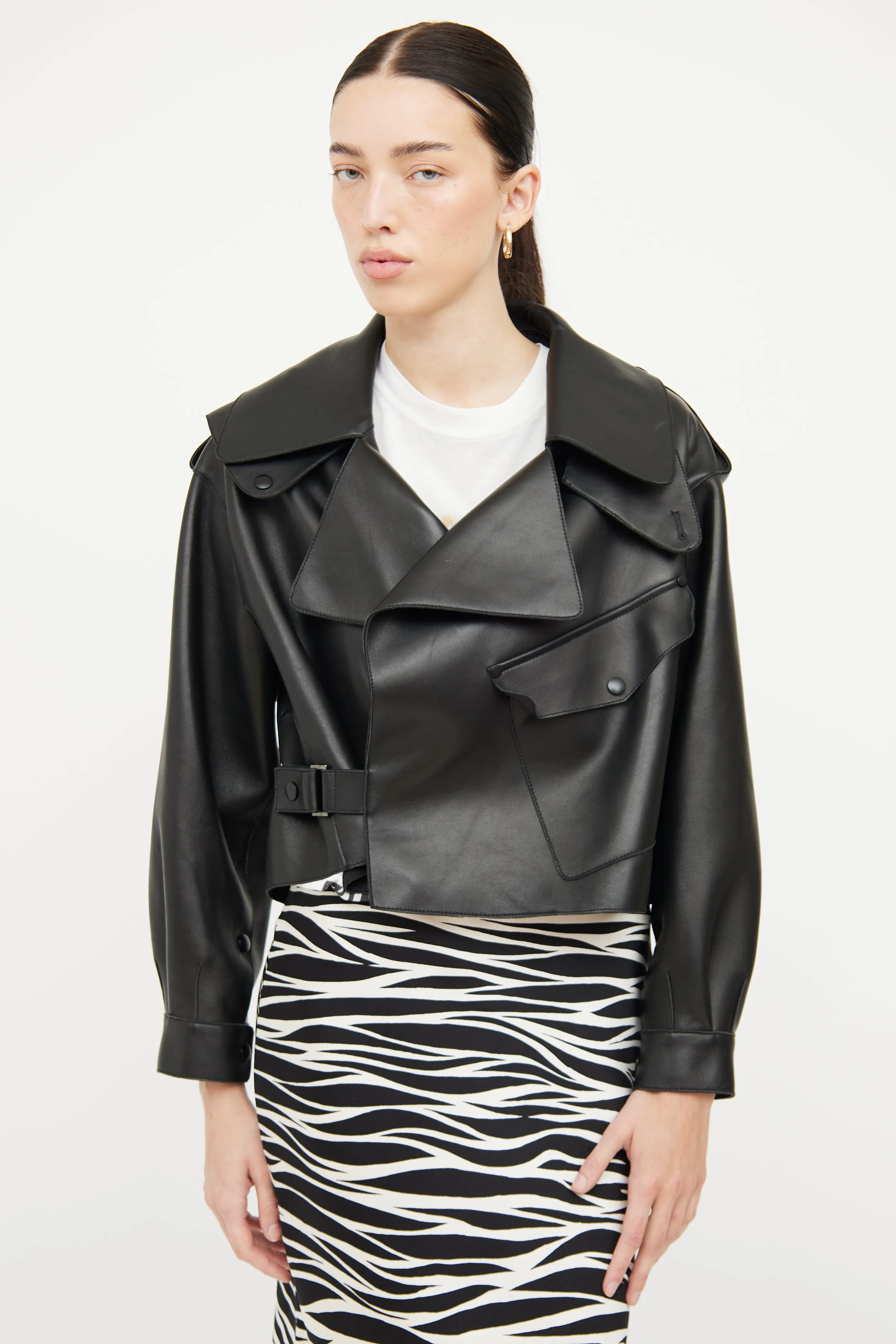 Black Leather Cropped Biker Jacket