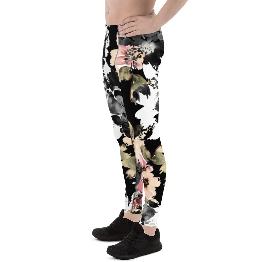 Black Pink Floral Men's Leggings, Classic Flower Print Best Designer Compression Tights For Men-Made in USA/EU/MX