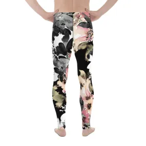 Black Pink Floral Men's Leggings, Classic Flower Print Best Designer Compression Tights For Men-Made in USA/EU/MX