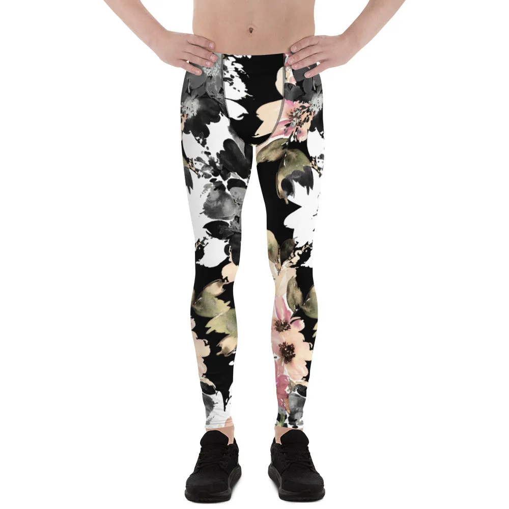 Black Pink Floral Men's Leggings, Classic Flower Print Best Designer Compression Tights For Men-Made in USA/EU/MX