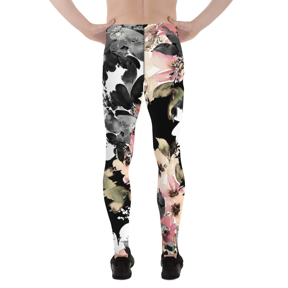 Black Pink Floral Men's Leggings, Classic Flower Print Best Designer Compression Tights For Men-Made in USA/EU/MX