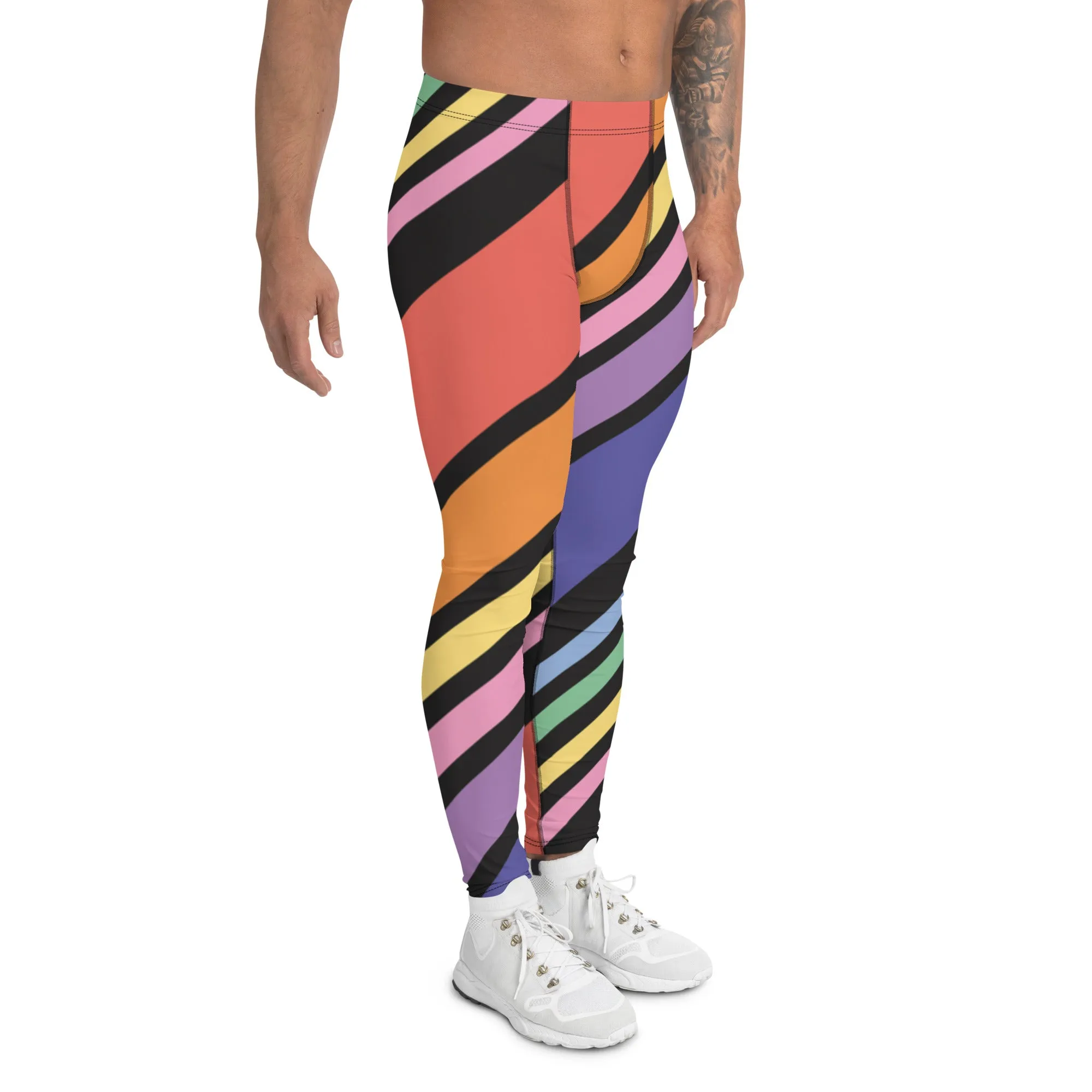 Black Rainbow Stripes Meggings, Colorful Patterned Designer Best Men's Leggings - Made in USA/EU/MX