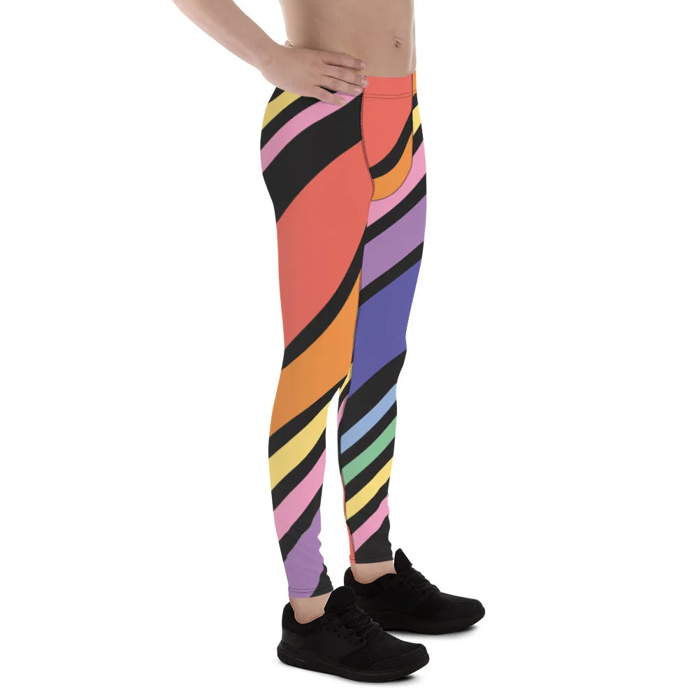 Black Rainbow Stripes Meggings, Colorful Patterned Designer Best Men's Leggings - Made in USA/EU/MX