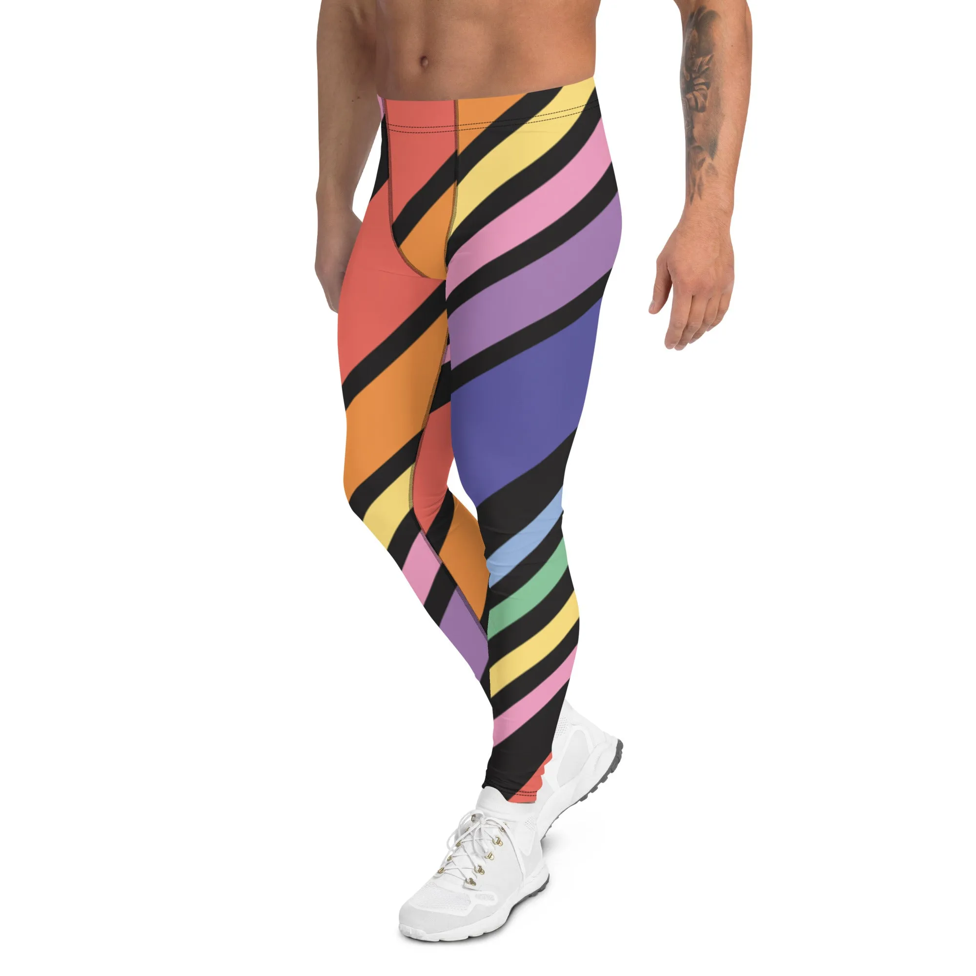 Black Rainbow Stripes Meggings, Colorful Patterned Designer Best Men's Leggings - Made in USA/EU/MX