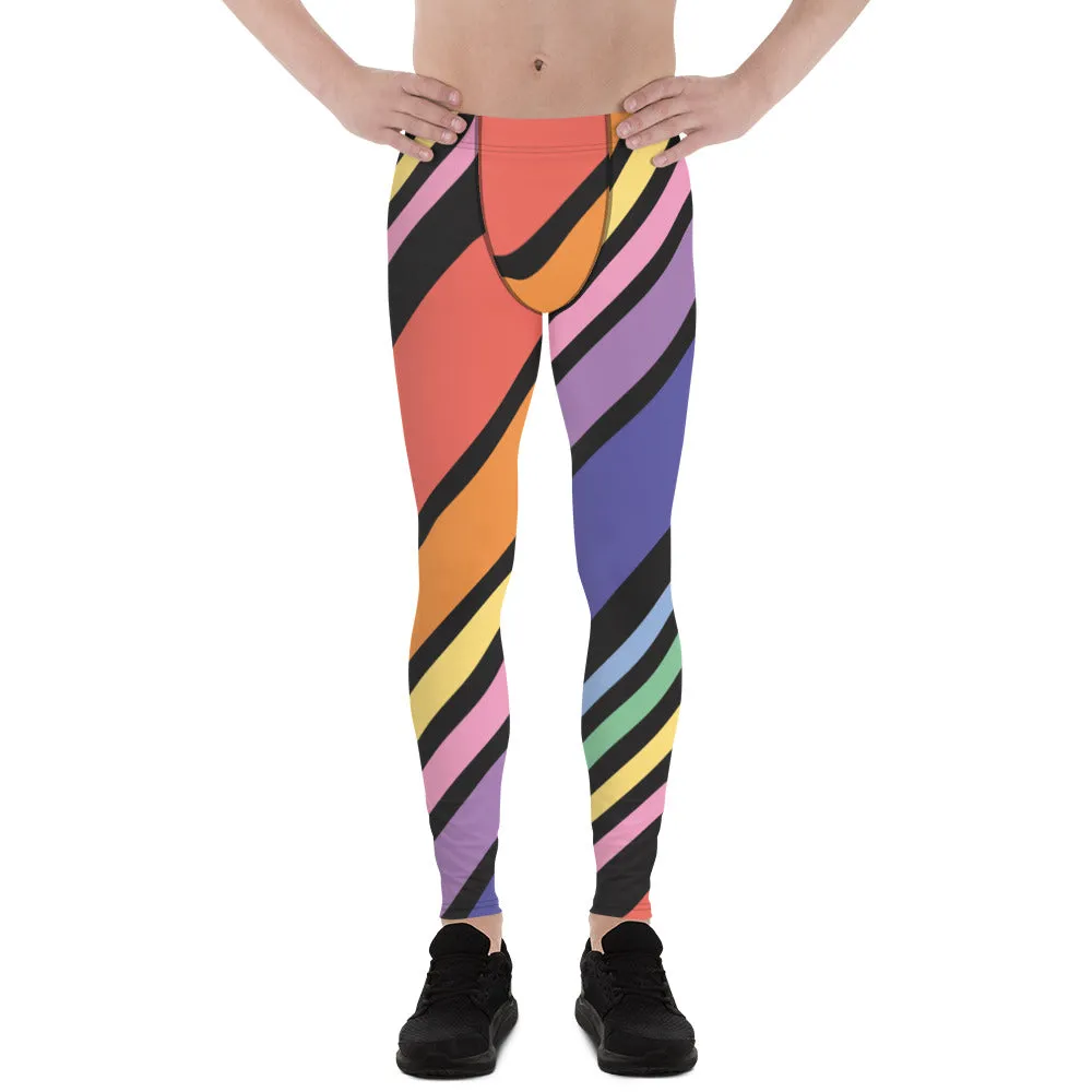 Black Rainbow Stripes Meggings, Colorful Patterned Designer Best Men's Leggings - Made in USA/EU/MX