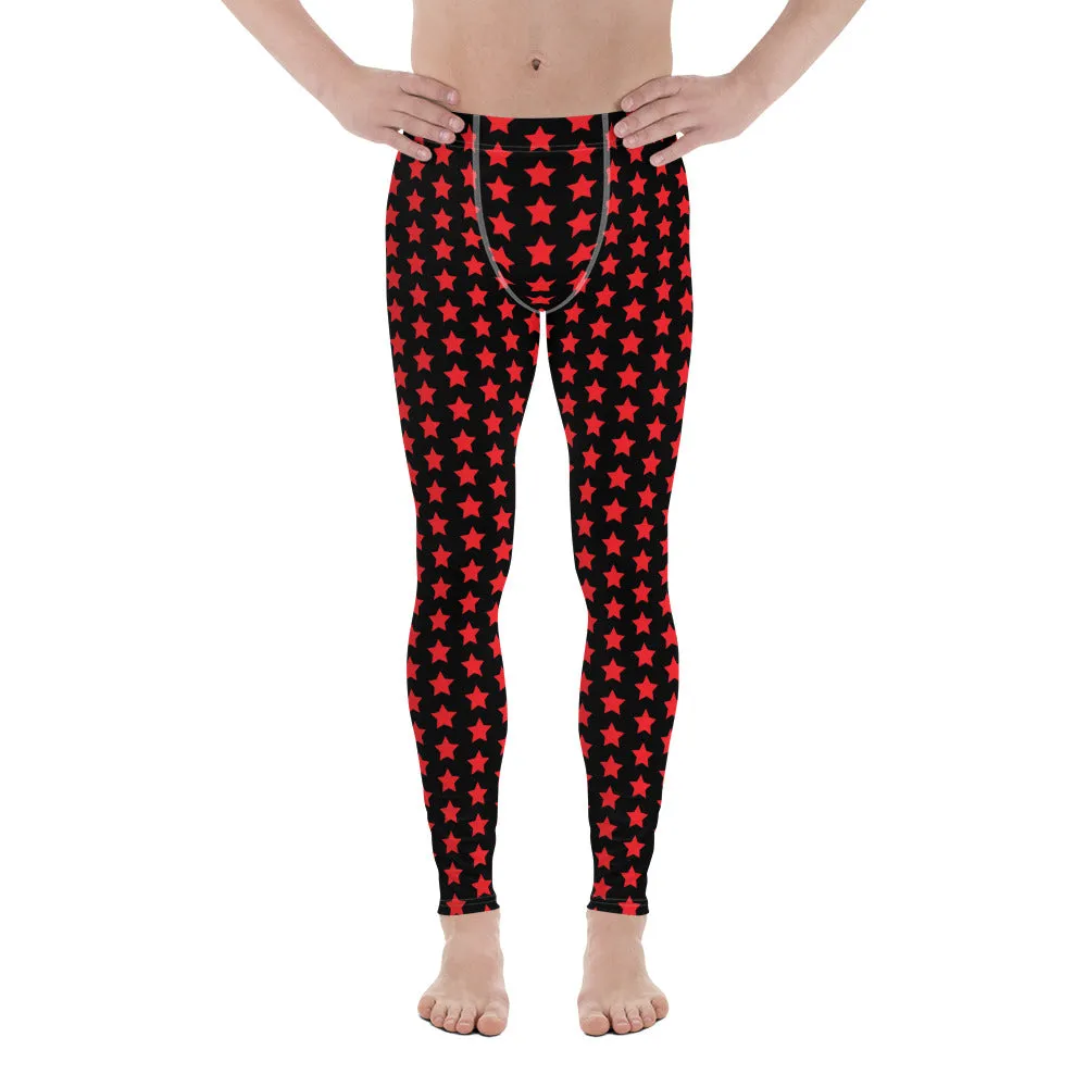 Black Red Stars Meggings, Star Print Best Men's Leggings Running Compression Tights For Men - Made in USA/EU/MX