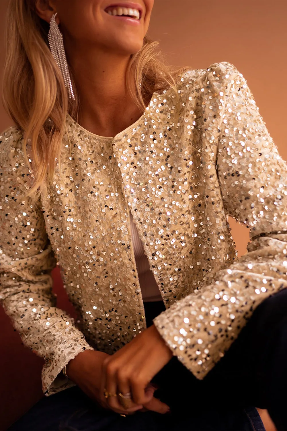 Black Sequined Open Front Cropped Jacket