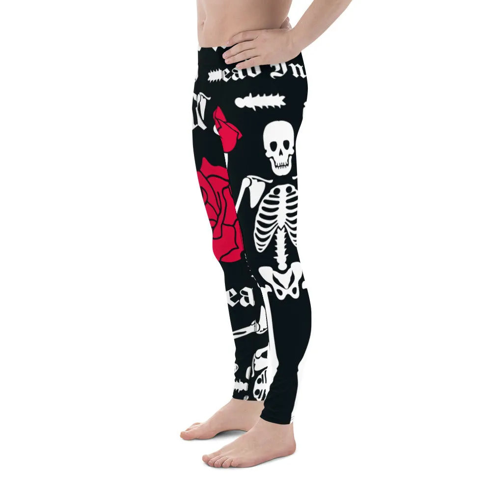 Black Skulls Romantic Men's Leggings, Rose Skull Leggings, Skull Leggings Men - Made in USA/EU/MX