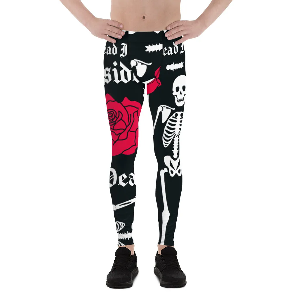 Black Skulls Romantic Men's Leggings, Rose Skull Leggings, Skull Leggings Men - Made in USA/EU/MX