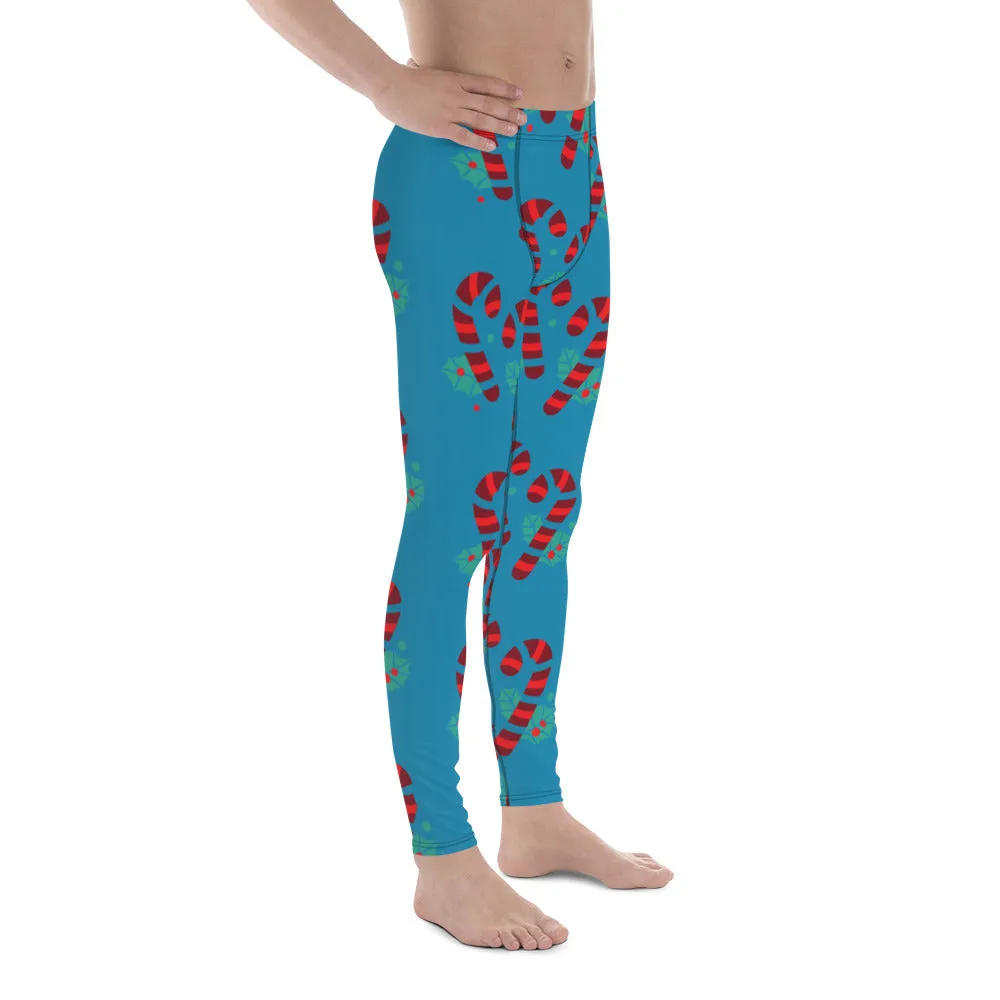 Blue Candy Cane Men's Leggings, Blue and Red Colorful Christmas Candy Cane Style Gym Tights For Men - Made in USA/EU/MX