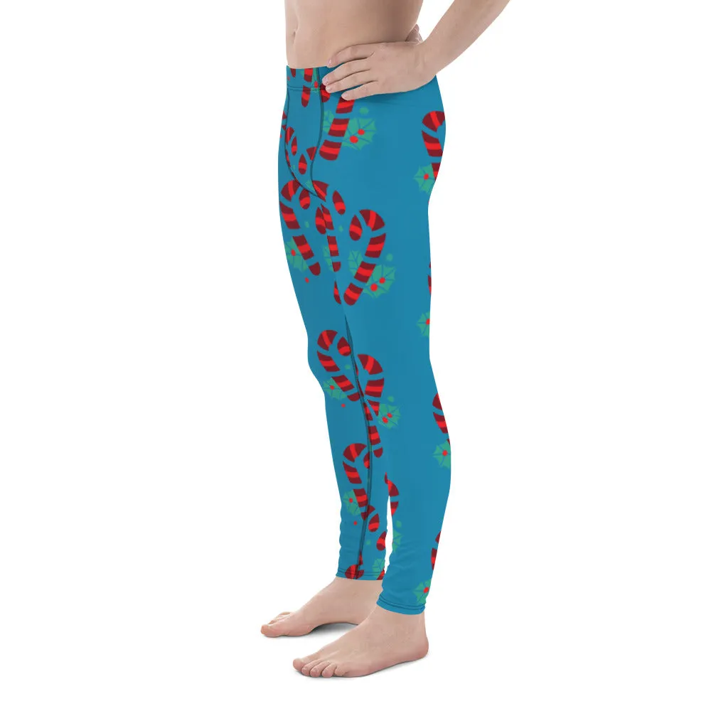 Blue Candy Cane Men's Leggings, Blue and Red Colorful Christmas Candy Cane Style Gym Tights For Men - Made in USA/EU/MX