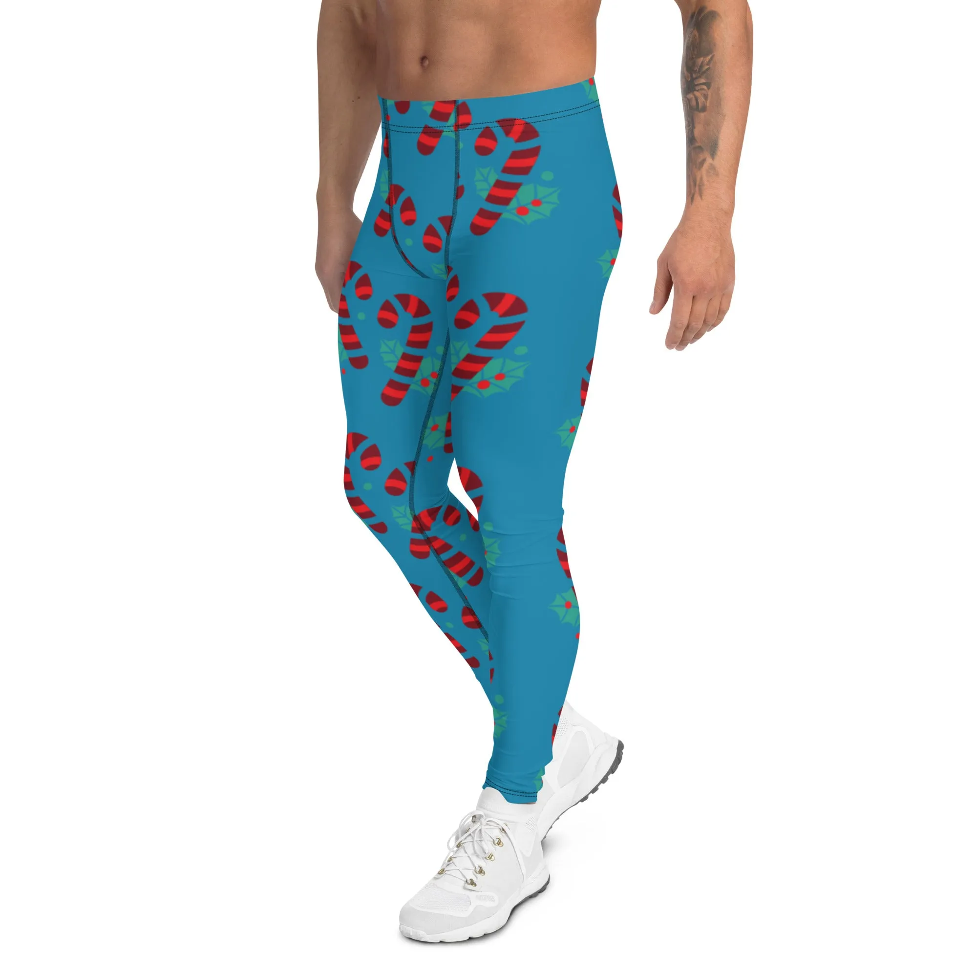 Blue Candy Cane Men's Leggings, Blue and Red Colorful Christmas Candy Cane Style Gym Tights For Men - Made in USA/EU/MX