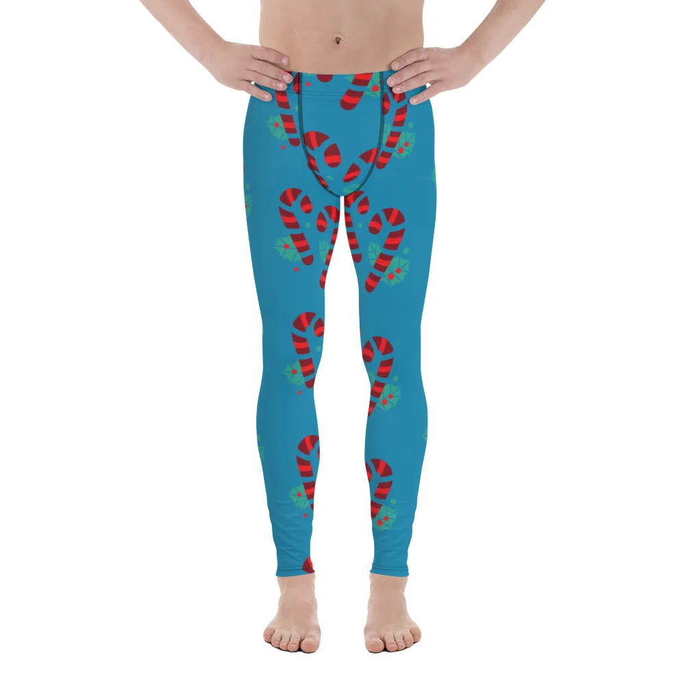 Blue Candy Cane Men's Leggings, Blue and Red Colorful Christmas Candy Cane Style Gym Tights For Men - Made in USA/EU/MX