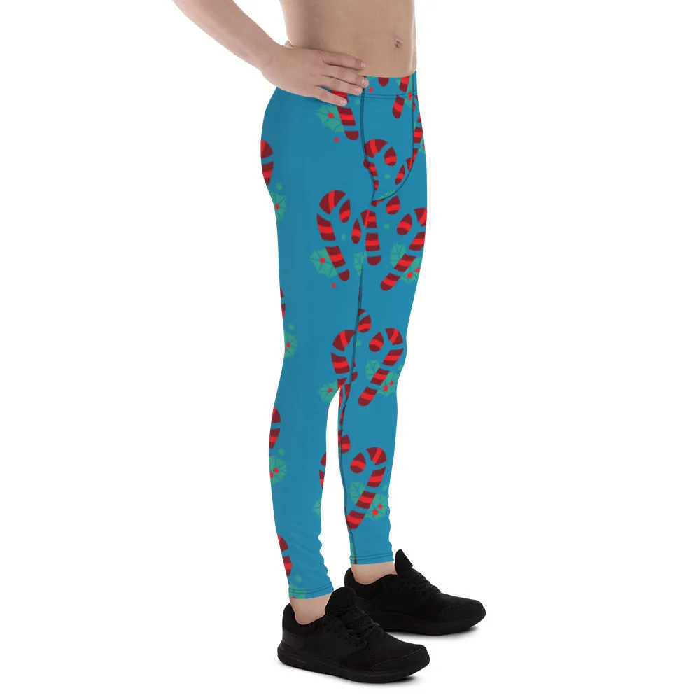 Blue Candy Cane Men's Leggings, Blue and Red Colorful Christmas Candy Cane Style Gym Tights For Men - Made in USA/EU/MX