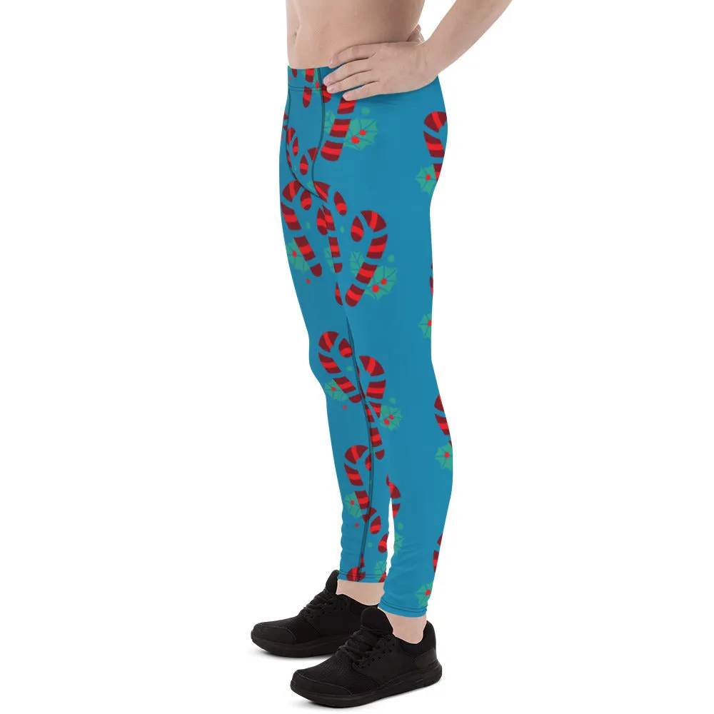 Blue Candy Cane Men's Leggings, Blue and Red Colorful Christmas Candy Cane Style Gym Tights For Men - Made in USA/EU/MX