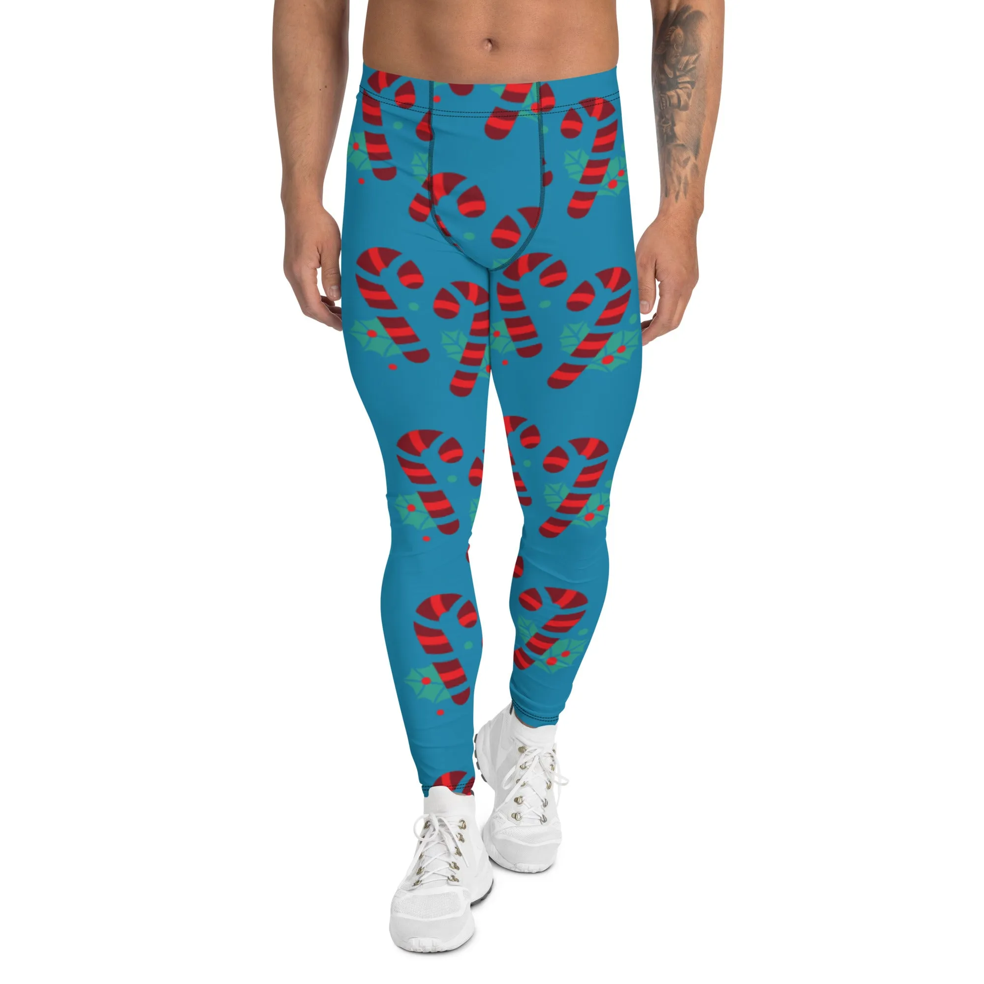 Blue Candy Cane Men's Leggings, Blue and Red Colorful Christmas Candy Cane Style Gym Tights For Men - Made in USA/EU/MX