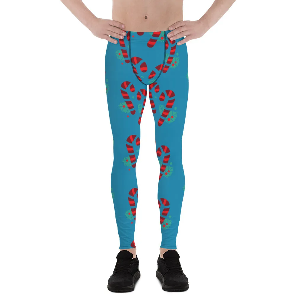 Blue Candy Cane Men's Leggings, Blue and Red Colorful Christmas Candy Cane Style Gym Tights For Men - Made in USA/EU/MX